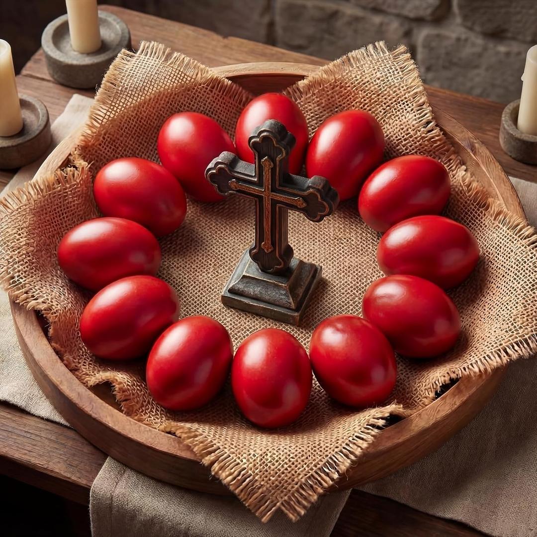 Novabright 12 Packs Traditional Greek Orthodox Easter Red Eggs Religious Greek Easter Wooden Eggs Ukrainian Basket Gift Set for Holy Saturday Supply Egg Hunt Crafts Bowl Basket Fillers Party Decor