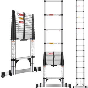 DEZEX 15.5 FT Telescoping Ladders Stainless Steel - One-Button Retraction Collapsible Extension Ladder for Home, RV, Loft, Lasts 375 LBS with 2 Triangle Stabilizers, Balance Bar and Wheels