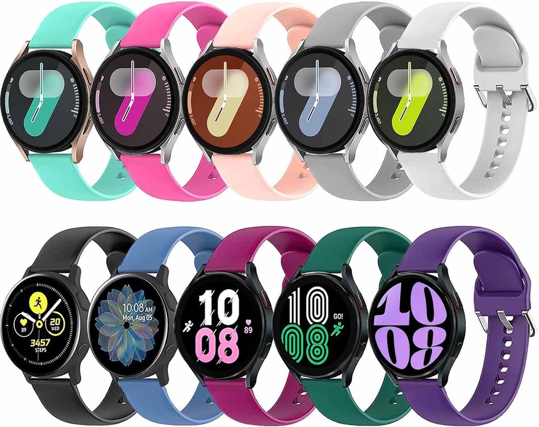 10 Pack Bands Compatible with Samsung Galaxy Watch 7/6/5/4 40mm 44mm/ Watch 4 6 Classic/Watch 5 Pro, Active 2 Band, 20mm Soft Silicone Sport Strap Wristbands for Women Men (Small)
