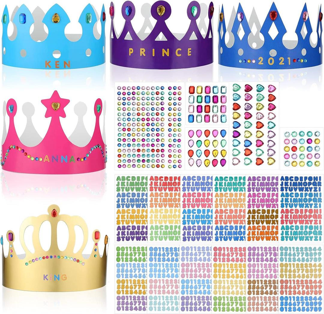 Chinco 38 Pieces Paper Crowns Princess Prince Hats Birthday Party Crowns Craft Jewels Gem Number Letter Sticker for DIY Classroom Decor