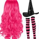 Janinka Halloween Witch Costume Set for Woman, Wig, Witch Hat, Socks (Black, Bright Pink)