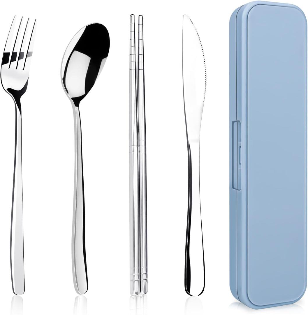 5 Piece Rsiynax Portable Travel Utensils Set with Case, Premium 304 Stainless Steel Camping Utensils Set, Reusable Silverware for Camping, Lunch, Work, School, etc, Easy to Clean (Silver)