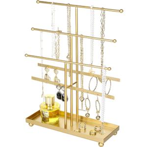 MyGift 5-Tier Gold Metal Jewelry Organizer Stand with Earring Hooks & Ring Tray - T-Bar for Tangle-Free Necklace Bracelet Display - Home Store Boutique (16.25" H)
