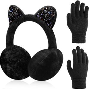 Hercicy Toddler Winter Earmuffs and Kids Gloves Set, Winter Kids Earmuff Warm Ear Muffs, 1 Pair Knit Gloves, Ages 3-10 (Black)