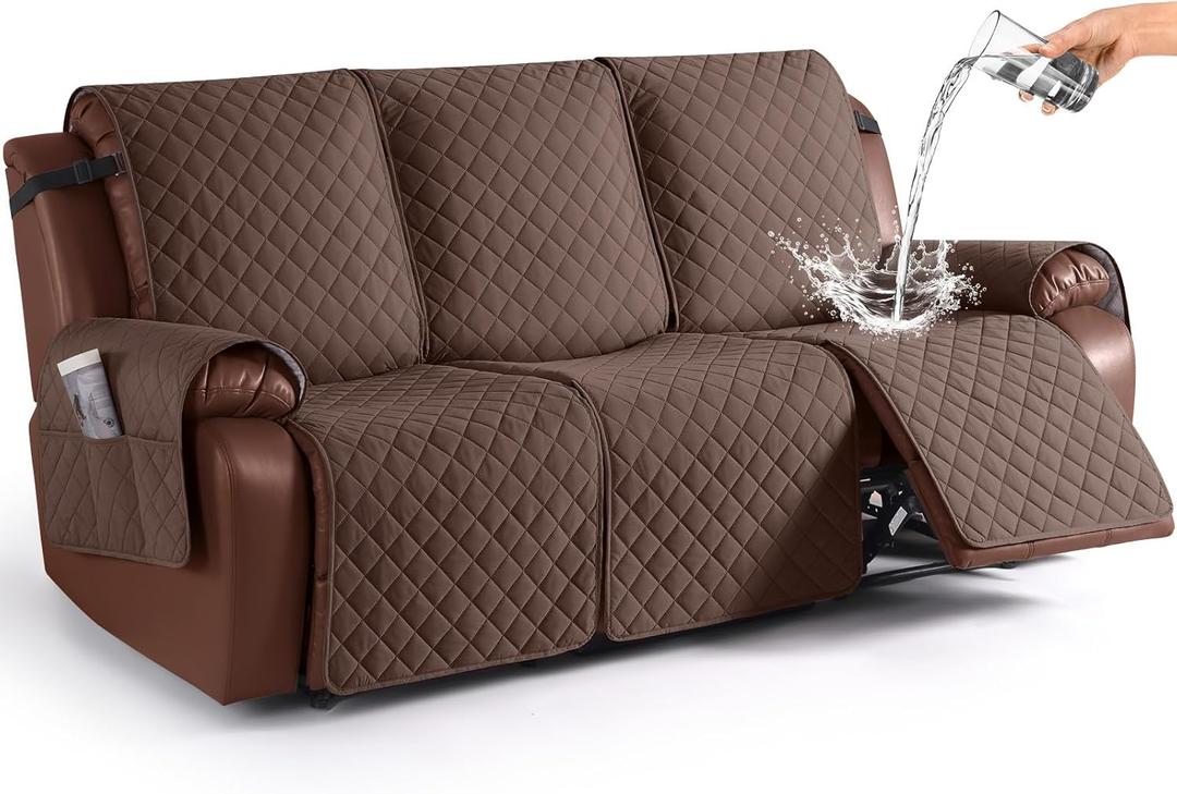 KinCam Waterproof Recliner Sofa Cover, Non-Slip Reclining Couch Covers for 3 Seat, Recliner Couch Cover Furniture Protector with Elastic Straps for Pets, Kids, Deep Brown
