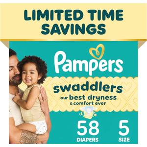 Pampers Swaddlers Diapers, Size 5 (20-37 lbs), 58 Count, Absorbent, Keeps Baby Dry and Comfortable, Skin Safe Disposable Baby Diaper