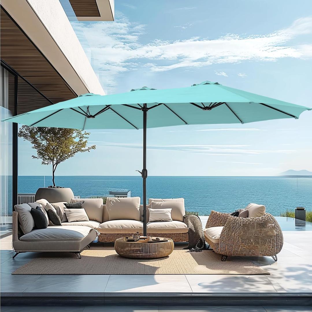 PHI VILLA 15ft Large Patio Umbrellas with Base Included, Outdoor Double-Sided Rectangle Market Umbrella with Crank Handle, for Poolside Lawn Garden, Turquois