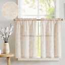 jinchan Floral Kitchen Curtains for Windows 45 Inch Linen Tier Farmhouse Cafe Curtains Country Botanic Small Window Rod Pocket Rustic Flax for Laundry Bathroom RV 2 Panels Taupe on Beige