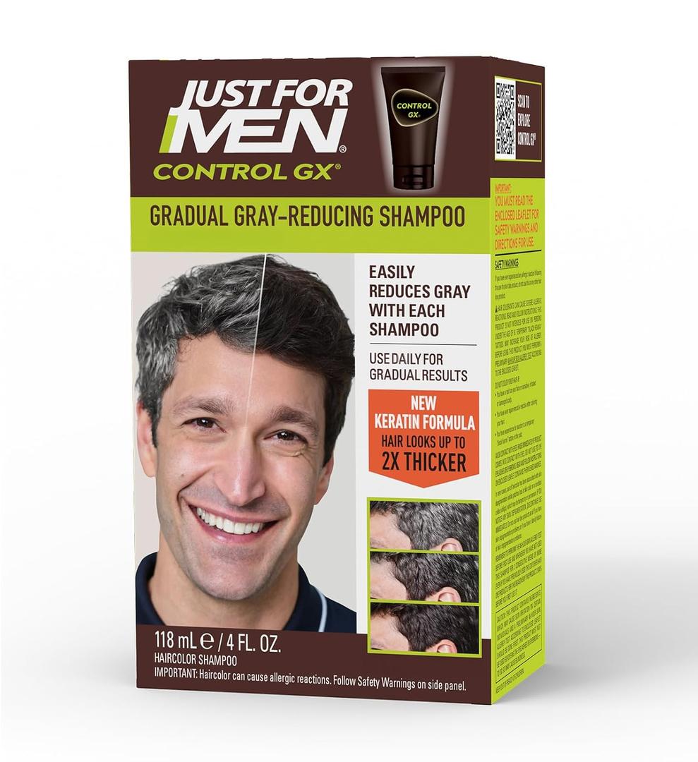 3 x Just for Men Control GX Grey Reducing Shampoo, Gradual Hair Color with Keratin for Stronger Thicker and Healthier Looking Hair, 4 Fl Oz - Pack of 1 (Packaging May Vary)