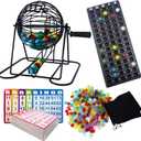 Yuanhe Deluxe Bingo Game Set - Metal Round Cage, 75 Colored Bingo Balls, 100 Bingo Cards, 500 Mixed Chips and Master Board for Large Groups, Parties