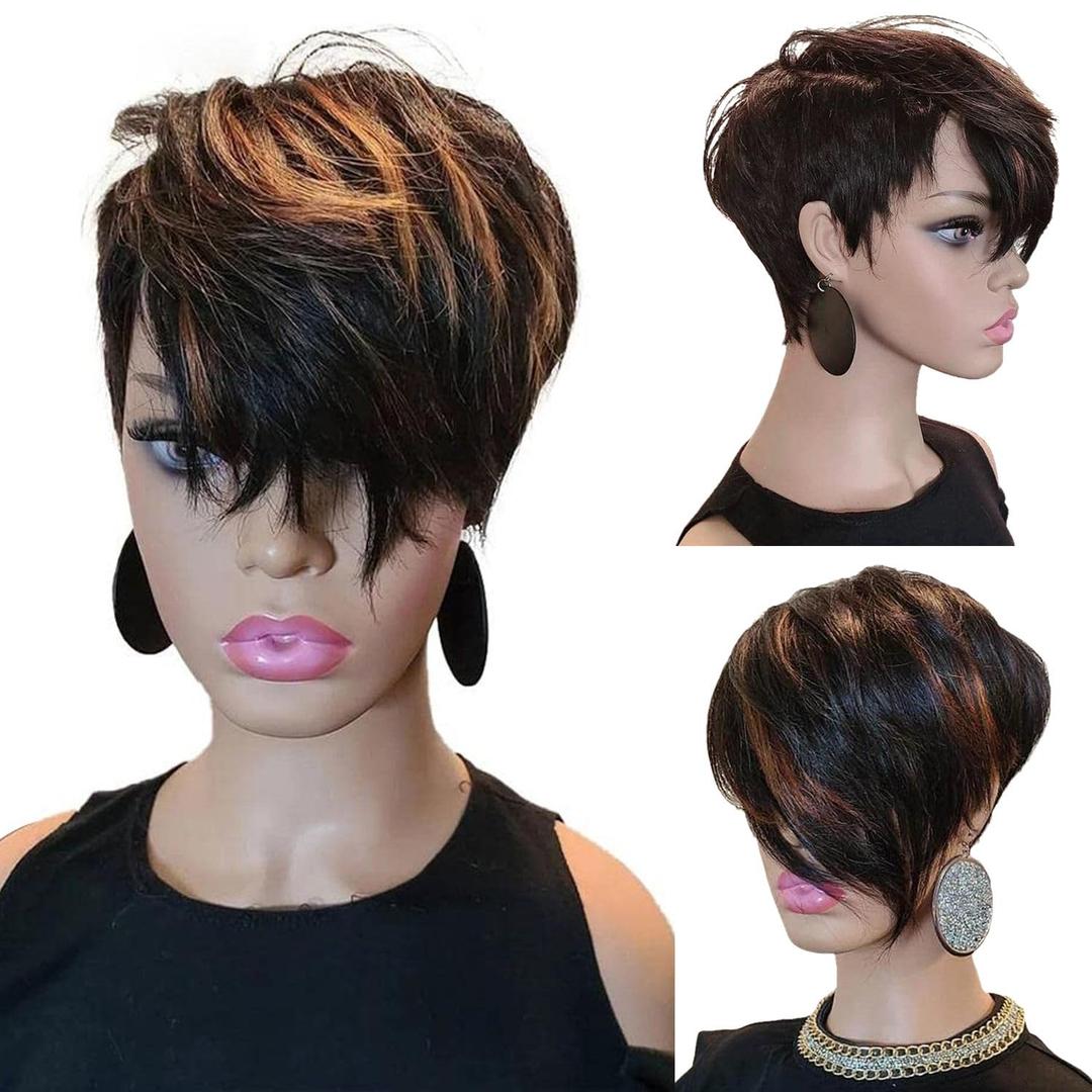 Short Pixie Cut Wig for Black Women Human Hair Nature looking Black Mixed Blonde Highlights Short Layered Side Part none lace front glueless Bob Cut Wig Brazilian Virgin Hair