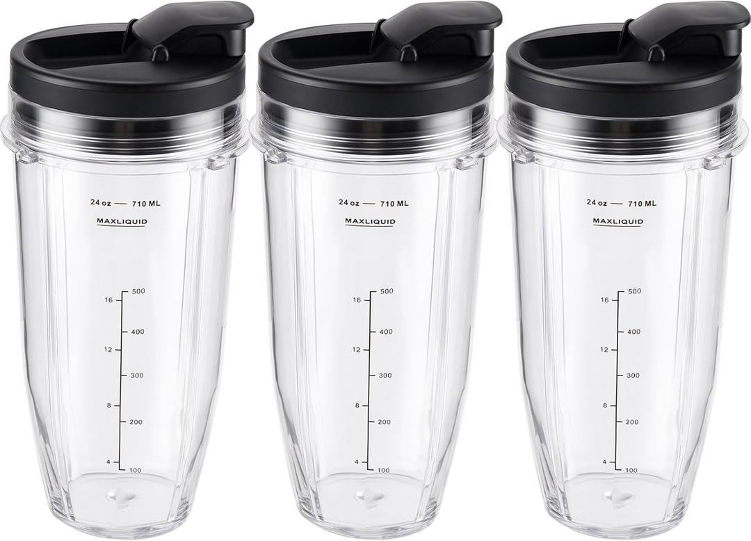 Ninja Blender Cups Replacement 24oz Compatible with Ninja BN401, BL450, BL456, BL480, BL2012, BN751, BN801, SS101, SS151 3 Pack with To-Go Lids