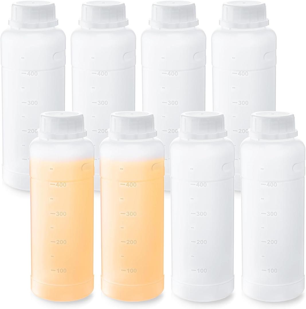 Honeydak 8 Pcs 16oz/500ml Plastic Bottles with Caps Wide Mouth Reagent Bottle with Lids Graduated Food Laboratory Hdpe Chemical Containers for Water Liquid Sample Medicine Storage