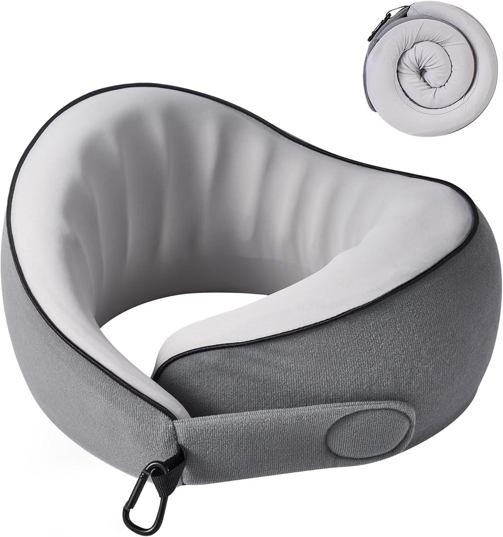Travel Pillow, 100% Pure Memory Foam Travel Neck Pillow Airplane Neck Support Ergonomic Design for Traveling Suitable for Airplanes,Offices and Cars-Cooling Silk Grey Cover