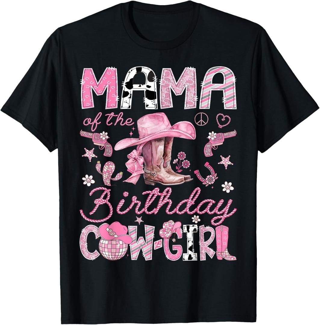 Mama Of The Birthday CowGirl Coquette Rodeo Mama T-Shirt (Black, L)