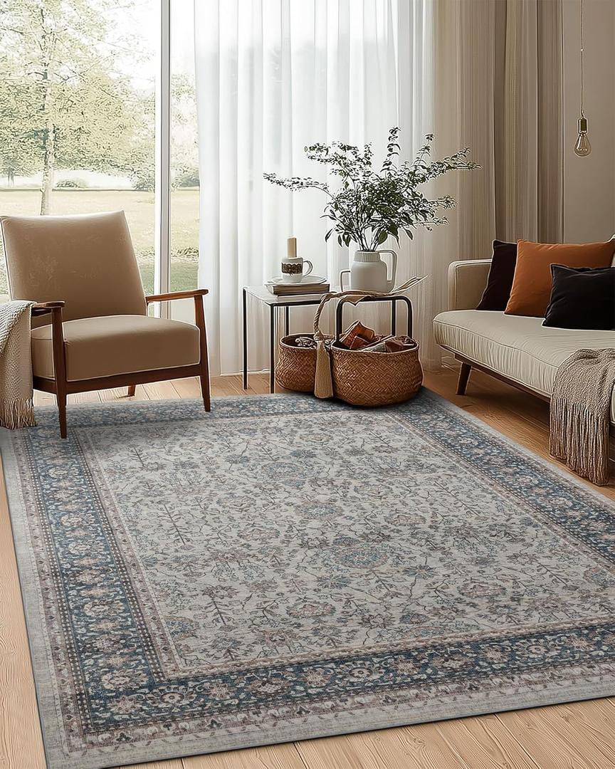 6x9 Washable Non-Slip Area Rug for Living Room, Dining Room, Bedroom Home Office-Vintage Farmhouse Soft Non-Shedding Distressed Low Pile Area Rug (Beige and Blue,6x9)