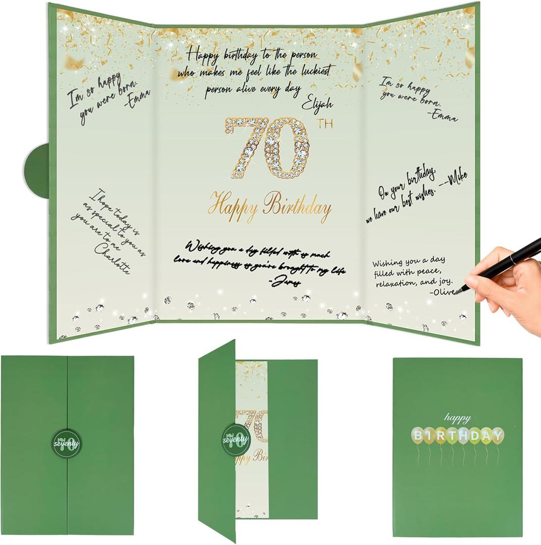 Crenics Green and Gold 70th Birthday Decorations, Happy 70th Birthday Guest Signature Book Alternative 18" x 12", Awesome 70 Years Old Party Gift for Women or Men
