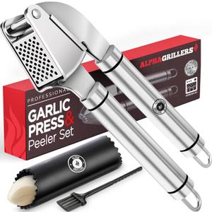 Alpha Grillers Garlic Press Stainless Steel - Professional Garlic Mincer and Crusher with Silicone Peeler Dishwasher Safe