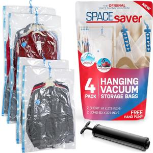 4 Pack Hanging Vacuum Storage Bags for Jackets, Clothes, Suits and Dresses  Vacuum Sealed Compression Bags with Hand Pump  Space Saver Storage Bags for Moving, Travel & Organization (2S & 2L)