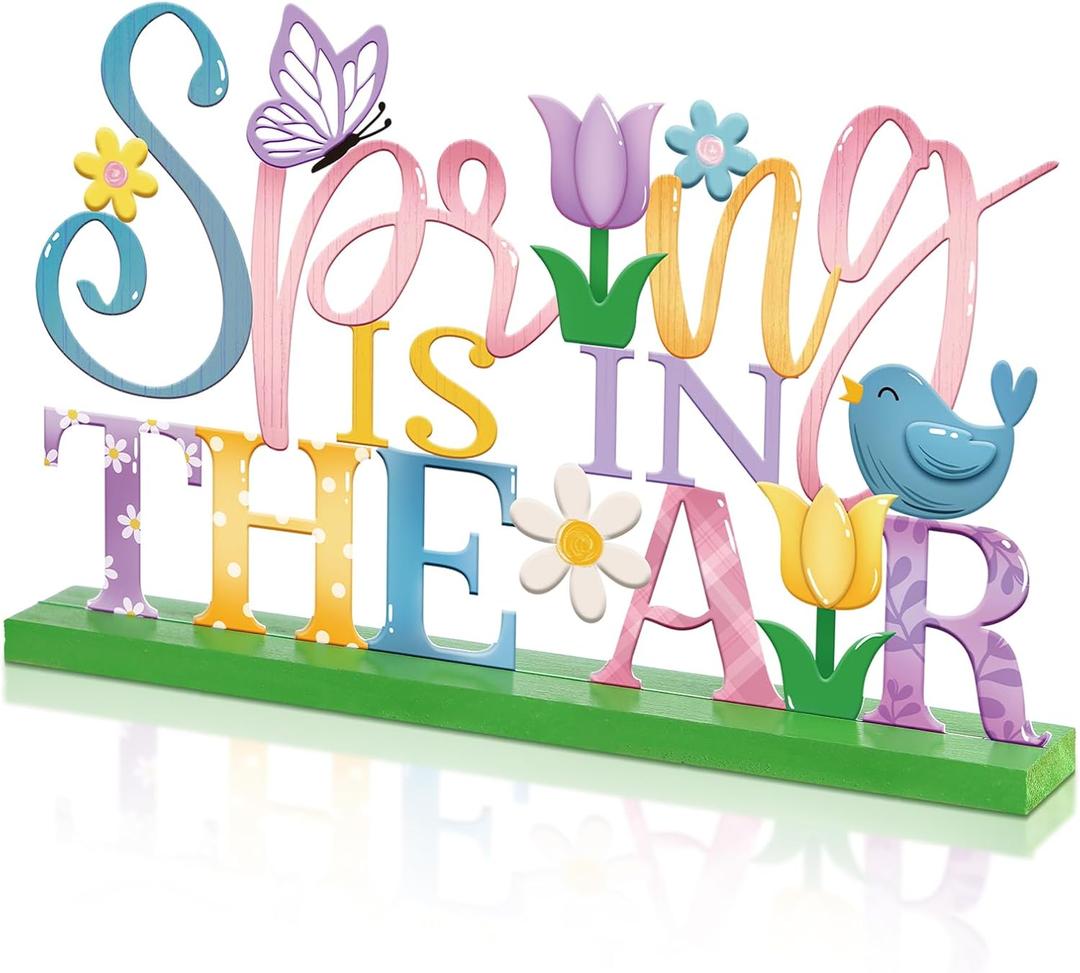 Cinnvoice Metal Spring Decorations for Home Spring Is Here Table Sign Decoration Farmhouse Flowers Butterfly Centerpiece with Wooden Base Seasonal Letter Tiered Tray Decor for Office Shelf Mantel