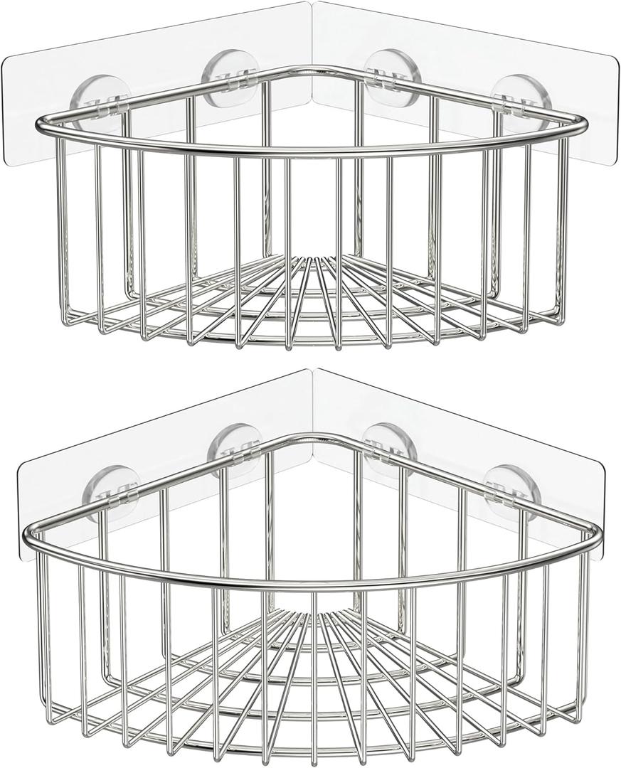 SMARTAKE 2-Pack Corner Shower Caddy Deep Basket Design, SUS304 Stainless Steel, Wall Mounted Bathroom Shelf with Adhesive, Storage Organizer for Toilet, Dorm and Kitchen (Silver) (8.7 X 8.7 X 3.9 Inches)