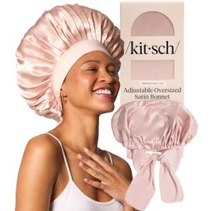 Kitsch XL Satin Bonnet for Sleeping - Softer Than Silk Bonnet For Sleeping Women - Secure Fit, Adjustable, Night Cap For Curly & Textured Hair - Prevents Breakage, Tangles & Thinning - Blush