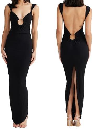 ABYOVRT Women Sexy Backless Dress V Neck Sleeveless Open Back Split Maxi Dress Party Cocktail Bodycon Long Dress (Black, M)