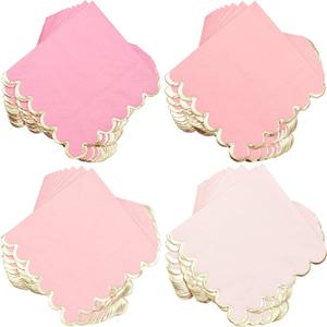 Sparkle and Bash Pink Cocktail Napkins - 5 x 5 In, 100 Count, 3-Ply Scalloped, Pink & Gold - Napkins for Baby Girl & Bridal Showers & Birthday Parties