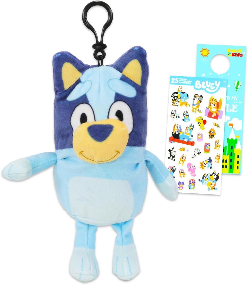 Bluey Plush Keychain Set - Bluey Bag Clips Bundle with 6" Bluey Keychain Plush Plus Stickers, More | Bluey Plush Keychains for Backpack