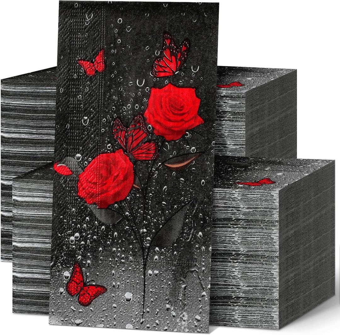 200 Pieces Red Rose Guest Napkins Derby Napkins 2 Ply Floral Disposable Guest Towels for Bathroom Floral Bathroom Paper Hand Towels for Kitchen Holiday Party Supplies Home Party Decoration