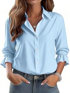 ANRABESS Womens Long Sleeve Collar Shirts Striped Button Down Dressy Blouse 2026 Spring Business Casual Work Office Tops White Blue Stripe Large