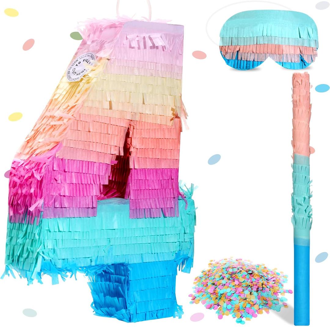 Jenaai 16 Inch Number Piata Kids Birthday Party Macaron Piata with Blindfold Stick and Confetti for Unicorn Birthday Wedding Baby Shower Decor(Number 4)