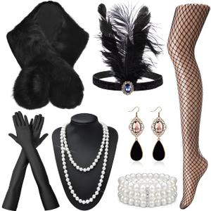 EIELO 1920s Great Gatsby Accessories Set for Women Faux Fur Shawl Wrap Headpiece Headband Flapper Costume