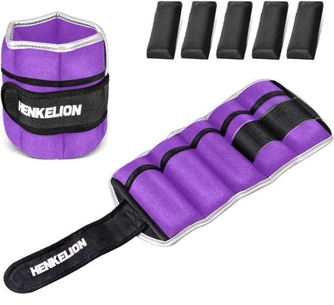 Henkelion 1 Pair 10 Lbs Adjustable Ankle Weights For Women Men Kids, Strength Training Wrist Weights Ankle Weights Set For Gym, Fitness Workout, Running, Lifting Exercise Leg Weights - 5 Lbs each, Purple