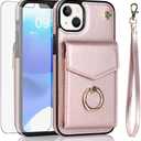 Asuwish Phone Case for iPhone 13 Mini 5.4 inch Wallet Cover with Tempered Glass Screen Protector and RFID Ring Credit Card Holder Cell iPhone13mini i-Phone 13minicase i iPhone13 13mini Women Rose Gold