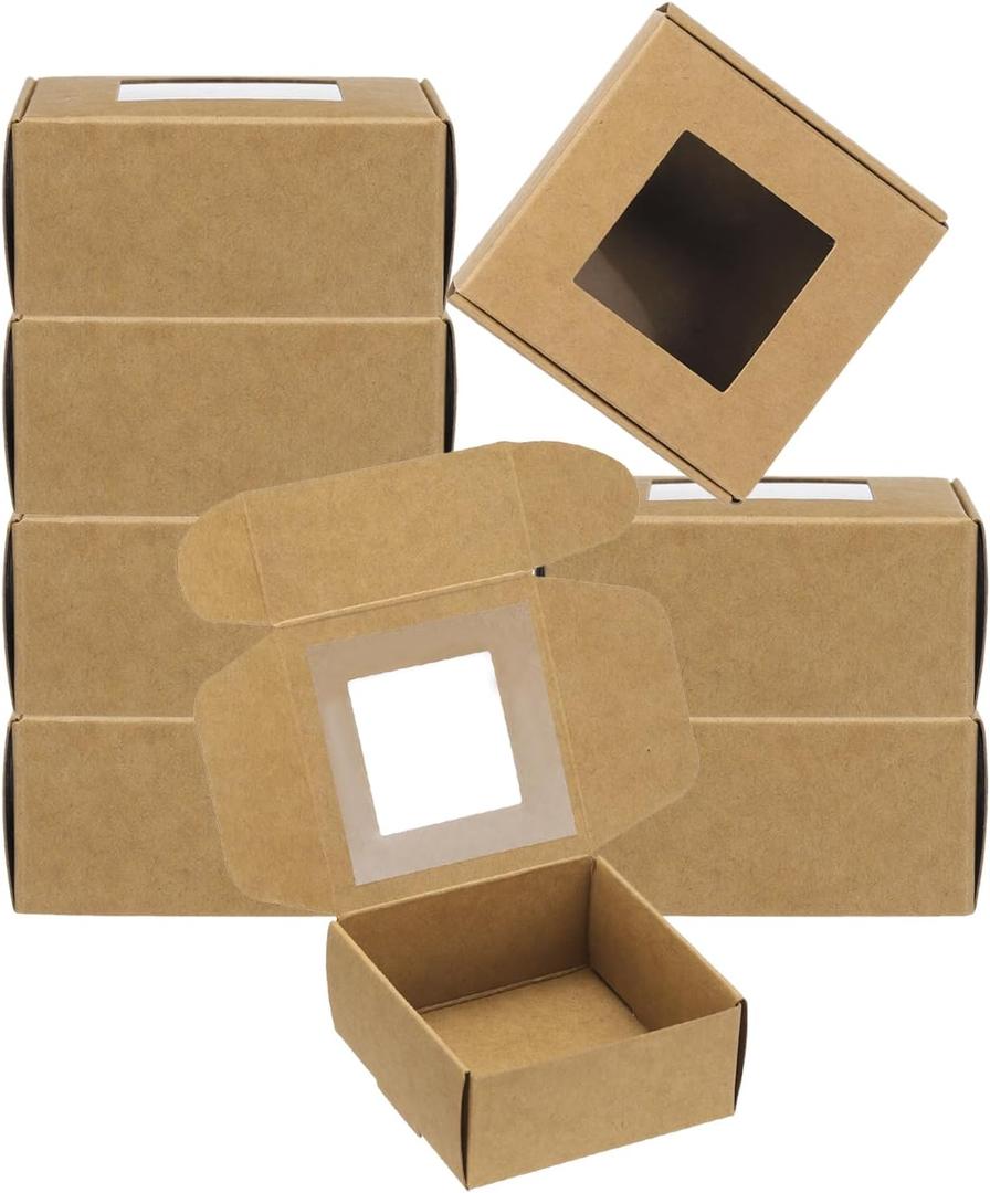 PATIKIL 3.3"x3.3"x1.4" Paper Soap Box with Window, 40 Pack Homemade Soap Boxes Square Presents Packaging Boxes for Birthday Christmas DIY Craft, Brown