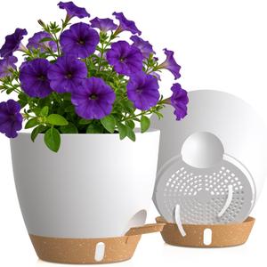 Self Watering Pots with Drainage Holes, 2 Pack 10 Inch Plant Pots with Water Level Indicator Deep Reservoir, Large Plastic Planter for Indoor Outdoor Plants - White Brown