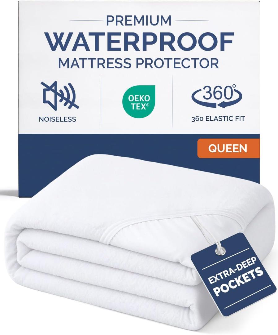 Queen Mattress Protector Waterproof - Mattress Cover Queen Size Bed - Bed Protector Waterproof - Absorbent Fitted Sheet up to 16" Deep Pockets - Soft, Breathable, Cooling, Noiseless - Machine Washable (White)