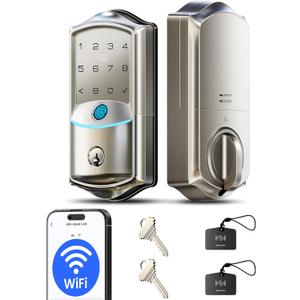 Veise VE027 Built-in Wi-Fi Smart Lock, Fingerprint Keyless Entry Front Door Lock, App Remote & Voice Control, No Hub Needed, Touchscreen Keypad Deadbolt, IP65 Waterproof, BHMA Grade 3, Satin Nickel