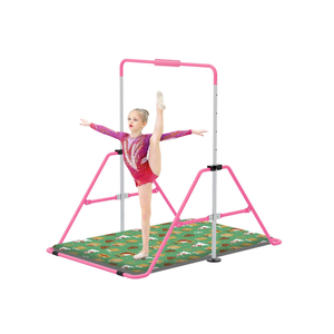 Jivifao Gymnastics Bar with Self-Inflating Mat for Kids, Adjustable Height Gymnastic Horizontal Bars with Mat, Folding Gymnastic Training Monkey Bars, Junior Expandable Training Kip Bar for Home