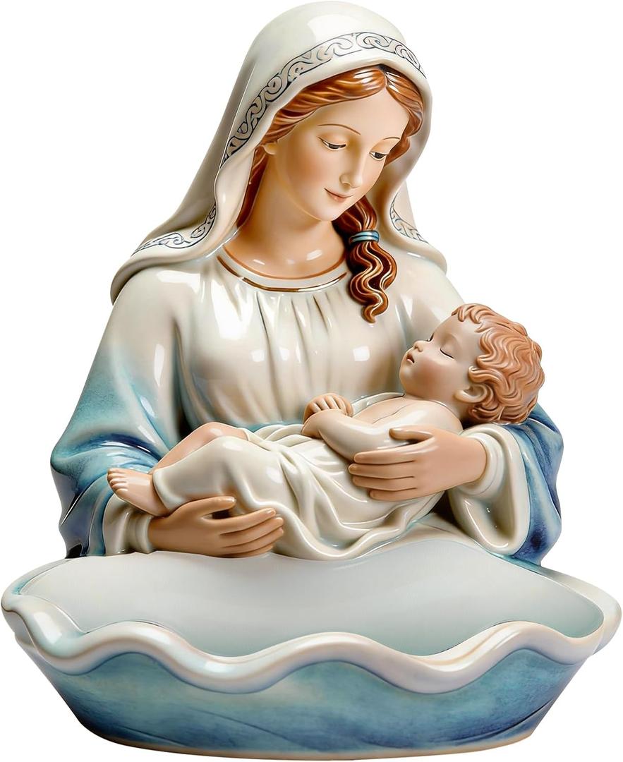 Lineshading Our Lady of Grace Statue Virgin Mary Keepsake Rosary Holder, 5" Blessed Mother Statues, Resin Relic, Catholic Gifts for Women Religious Home Decor (Blue & White)