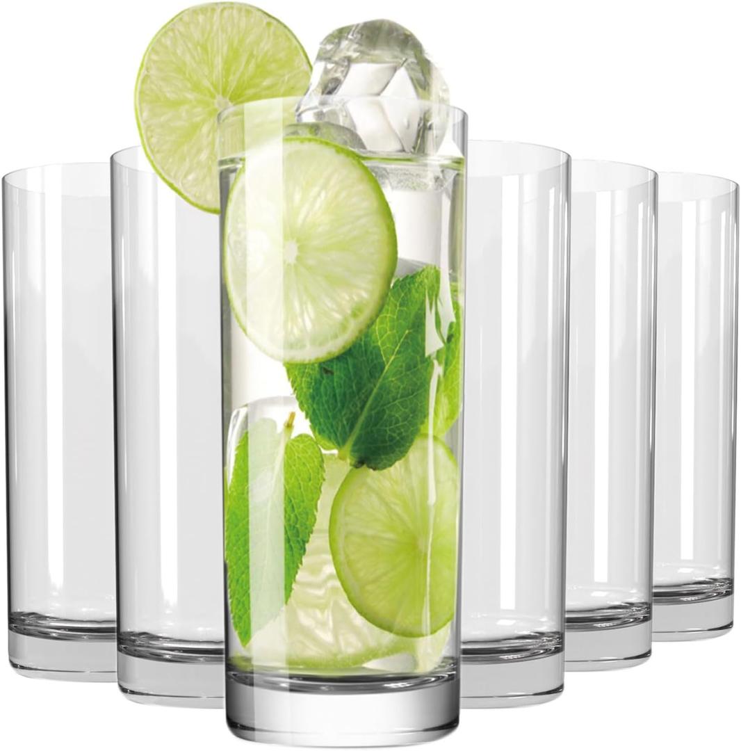 Drinking Glasses Set of 6, 16oz Crystal Highball Glasses, Clear Tall Glass Cups,Water Glass for Kitchen,Tom Collins,Juice,Whiskey,Mojito Cocktail Glasses for Bar Glassware,Gifts for Christmas
