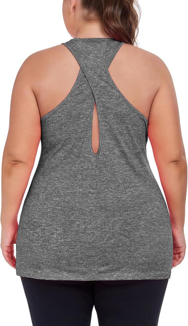 ForHailey Women's Plus Size Athletic Tank Tops Cross Backless Racerback Workout Yoga Running Sleevelss Shirts (2X-Large Plus, Grey)