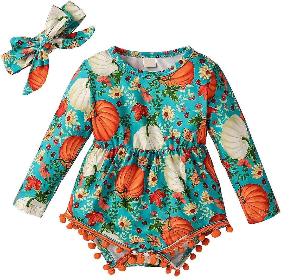 Yccutest Newborn Baby Girl Halloween Outfit Onesie Long Sleeve Cute Pumpkin Romper + Headband Toddler Infant Bodysuit Clothes (0-6 Months, Green)