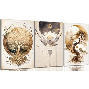 Tree Of Life Wall Art Zen Lotus Flower Canvas Posters Yoga Meditation Studio Wall Decor Abstract Yin Yang Artwork Painting Prints Mindfulness Spiritual Energy Pictures for Living Yoga Room Framed