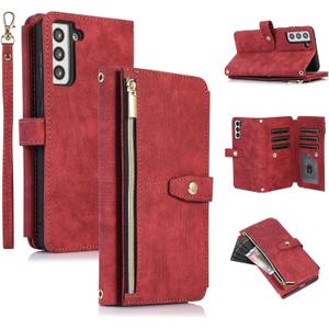 UEEBAI Wallet Case for Samsung Galaxy A15 4G/5G, 9 Card Slots Retro Leather Wallet Shockproof Flip Cover with Hand Strap Card Slots Zipper Pocket Kickstand Handbag Magnetic Closure - Retro Red