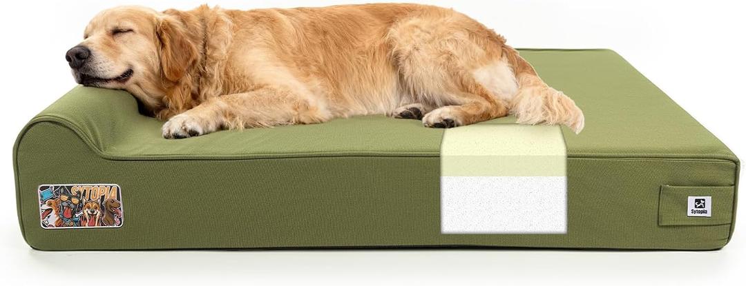 Sytopia 7" Thick Orthopedic Dog Beds for Extra Large Dogs, Canvas Dog Bed with Chew Proof Fabric Cover, Ups to 150 Pounds, 35D Memory Foam Dog Beds with Waterproof Liner & Washable Cover, Green
