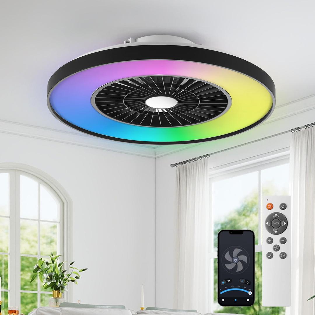 RGB Ceiling Fan with Light, 23.7" Low Profile Ceiling Fan with Light, 6 Wind Speeds and Smart 3 Light Color Flush Mount Fan for Bedroom, Kids Room and Living Room