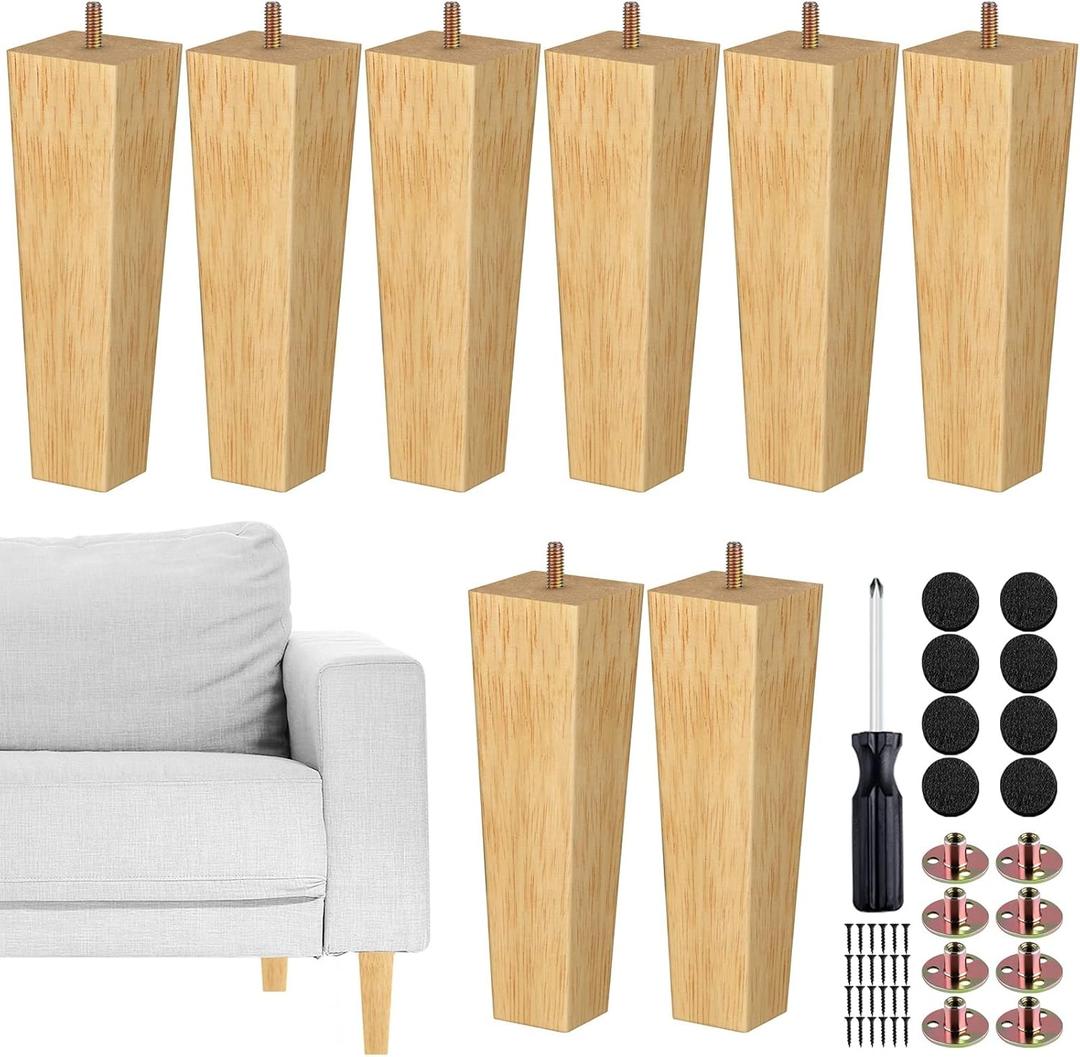 TURSTIN Set of 8 Furniture Legs 8 Inch Square Solid Wood Couch Legs Replacement Sofa Legs Mid Century Furniture Feet for Armchair Bed Dresser Cabinet Include Installation Hardware, Natural