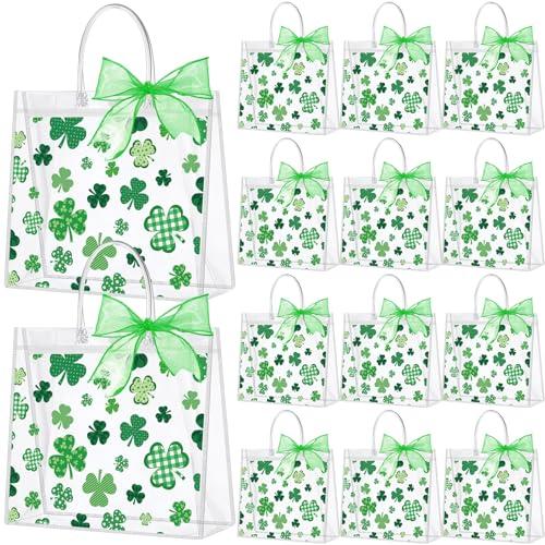 Wesnoy 24 Pcs St Patricks Day Clear Gift Bags with Handles Shamrock PVC Treat Totes with Ribbon Green Clover Gift Wrapping Bag Bulk for Irish Party Favor Supplies Holiday Gifts, 6.3 x 5.9 x 3.2 Inch
